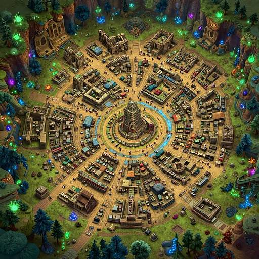 Aerial view of a vibrant, illuminated fantasy village with circular central tower, surrounded by colorful buildings, trees, and glowing lights. Digital artwork with rich