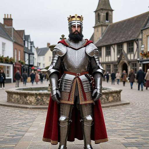 Photograph of a bearded man in medieval armor, gold crown, red velvet cape, standing in a cobblestone town square with people and historic