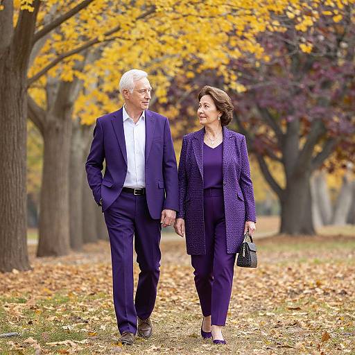 Photograph of an elderly white couple holding hands, walking in an autumn park with yellow and purple leaves, both wearing dark blue suits and white shirts.