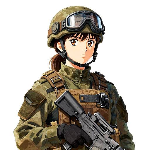 Digital anime-style drawing of a serious-looking female soldier with brown hair, wearing a camo helmet, goggles, and tactical gear, holding a black assault