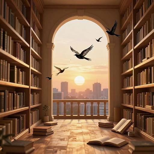 Photograph of a sunlit library with arched window, books on wooden shelves, scattered open books, and three flying birds. Cityscape at sunset