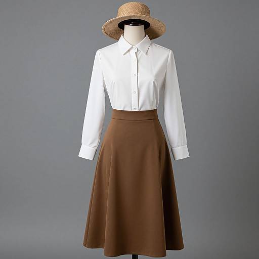 Photograph of a mannequin wearing a white long-sleeve shirt, brown A-line skirt, and straw hat against a gray background.