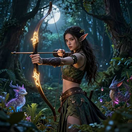 Digital fantasy artwork: Elven archer with dark hair and pointed ears, wearing green armor and black skirt, draws glowing firebow in enchanted forest,