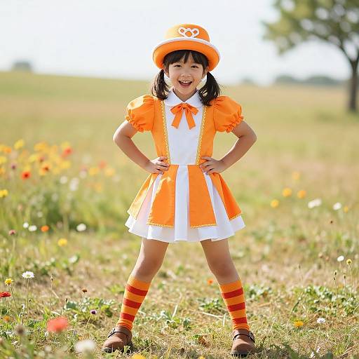 Photograph of a smiling Asian girl in an orange and white dress, striped socks, and hat, standing in a sunlit meadow with colorful flowers