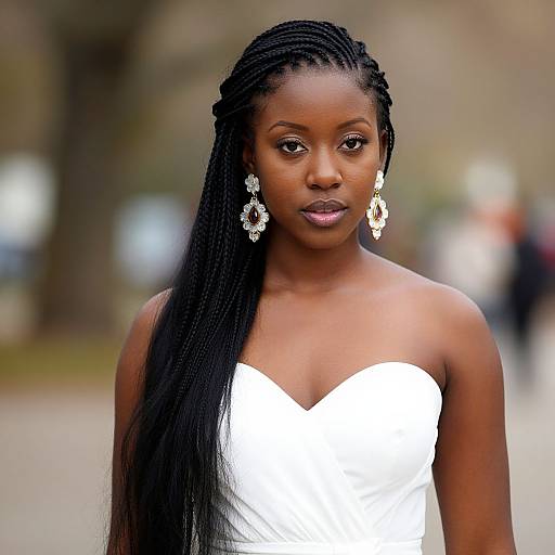 Photograph of a beautiful Black woman with long braids, wearing a strapless white dress and elegant diamond earrings, standing outdoors.