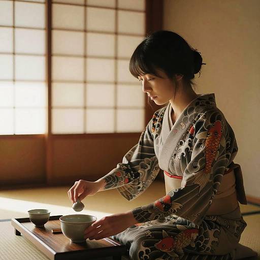 Japanese Girl Tea Ceremony with Tattoos