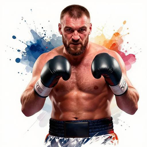 Muscular, bearded boxer with intense expression, black gloves, and white trunks, stands in fighting stance against colorful water splatter background. Photograph