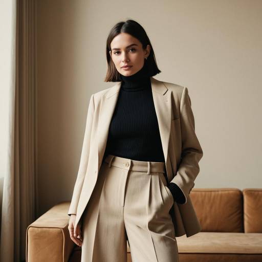 Stylish woman in beige blazer and black turtleneck