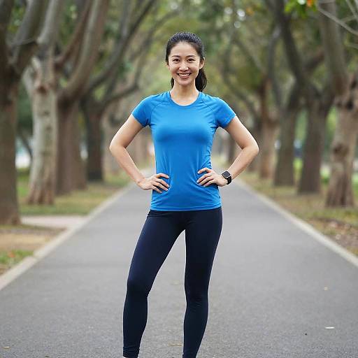 Photograph of a smiling Asian woman with black hair in a ponytail, wearing a blue shirt, black pants, and a watch, standing confidently on