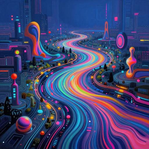 Vibrant digital artwork of a neon-lit futuristic city with a winding, colorful light trail through skyscrapers and glowing structures.