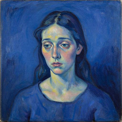 Expressionist portrait of a young woman with pale skin and long brown hair, wearing a blue shirt, against a dark blue background. Painted in vibrant
