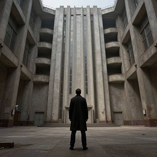 Photograph of a solitary man in a dark coat standing before a towering, concrete, multi-story building with vertical columns and large windows, casting a shadow