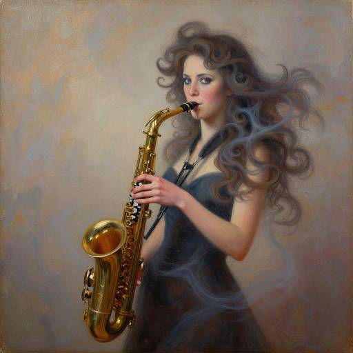 Digital painting of a fair-skinned woman with curly brown hair, playing a golden saxophone. She wears a black dress, set against a softly blurred