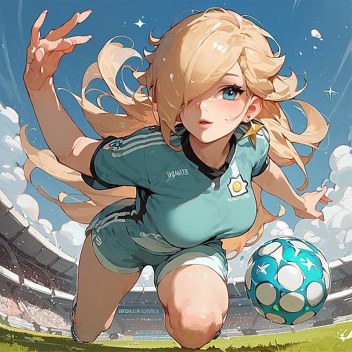 Digital anime-style artwork of a blonde, blue-eyed female soccer player in a blue jersey, mid-kick, with a blue star-patterned soccer ball