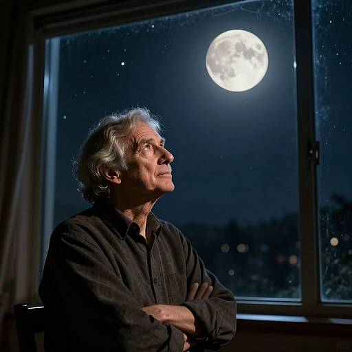 Photograph of an elderly man with gray hair, wearing a black shirt, gazing up at a bright full moon through a window at night.