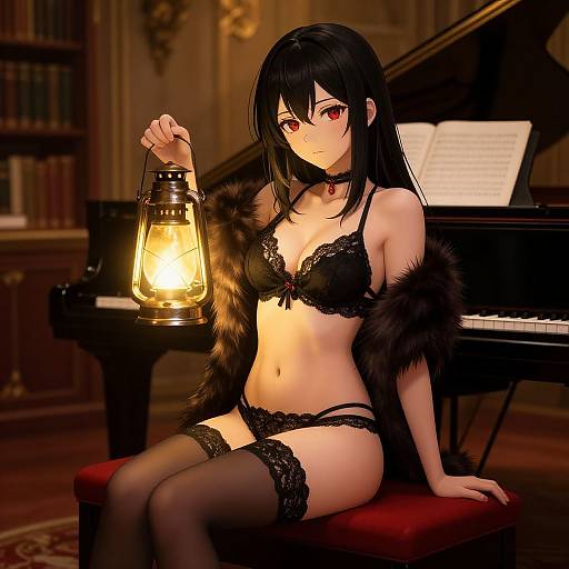 Anime-style digital illustration of a black-haired woman in black lace lingerie, thigh-high stockings, and a fur shawl, holding a lantern, seated on
