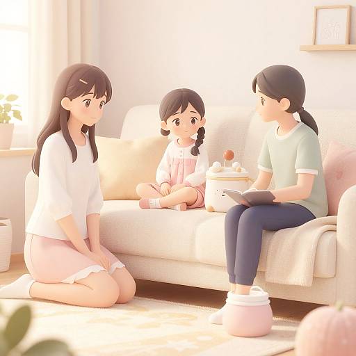 Digital anime-style illustration of a therapy session: a male therapist with black hair in a green shirt, seated on a white couch, listening to two young