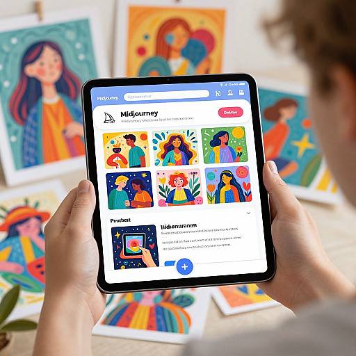 Photograph of hands holding a tablet displaying colorful digital illustrations, with similar paintings blurred in the background. Bright, vibrant art style.