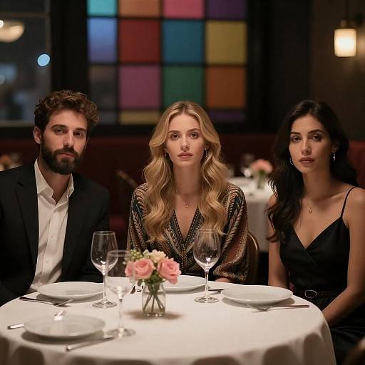 Dining Trio in a Dimly Lit Restaurant
