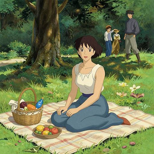 Digital anime-style drawing of a woman with short black hair, in a white sleeveless top and blue skirt, sitting on a picnic blanket in a lush
