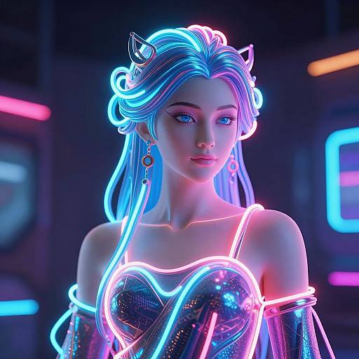 Neon-lit cyberpunk portrait of a blue-haired woman with glowing horns, wearing a sparkly, off-shoulder dress, and neon outlines