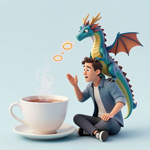 Cartoon-style illustration: man with brown hair, blue shirt, black pants, sitting cross-legged, dragon on his back, blowing bubbles into giant white