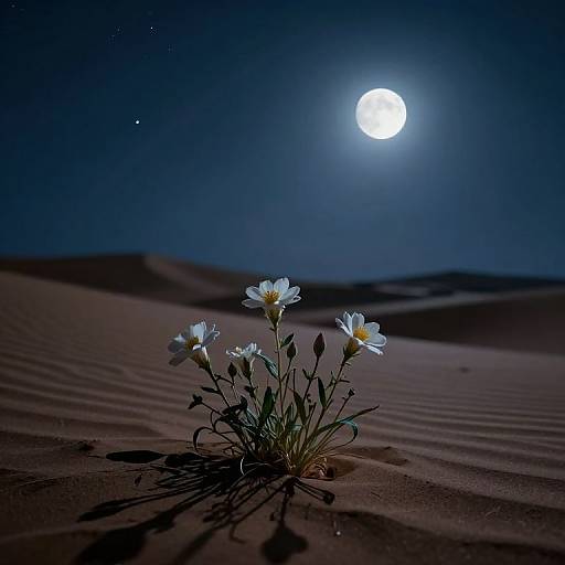 Photograph of white daisies in a moonlit desert, with a bright full moon in a dark, starry night sky.