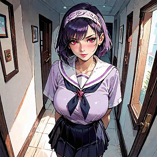 Anime-style digital illustration of a blushing, short-haired girl in a white sailor uniform with black tie and skirt, standing in a sunlit hallway.