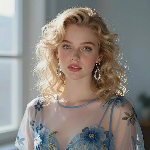 Blonde Woman with Curly Hair in Blue Floral Dress