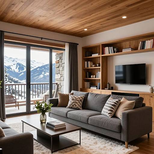 Modern living room photograph: grey sofa with patterned pillows, wooden ceiling, large window with mountain view, bookshelves, flat-screen TV, glass