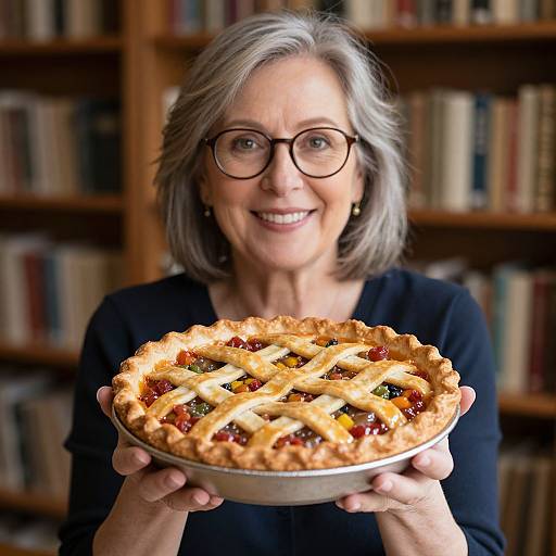 Photograph of a smiling elderly woman with gray hair and glasses, holding a lattice-topped cherry pie in a library.
