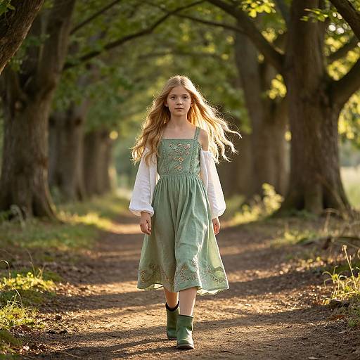 Photograph of a young girl with long blonde hair, wearing a green dress with white sleeves, green boots, walking down a sunlit forest path.