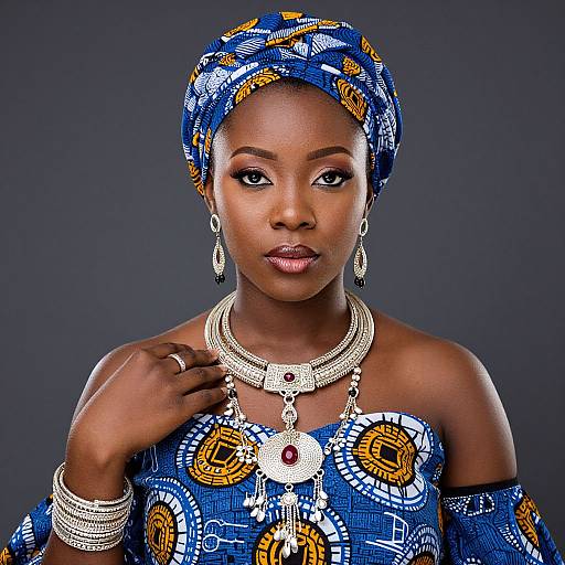Photograph of a dark-skinned African woman wearing a blue and yellow patterned dress, headwrap, and elaborate jewelry, against a dark gray background