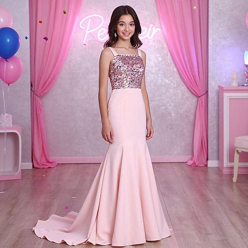 Photograph of a smiling woman in a sparkling silver lace bodice and flowing pink satin mermaid gown, standing in a pink-themed room with balloons and