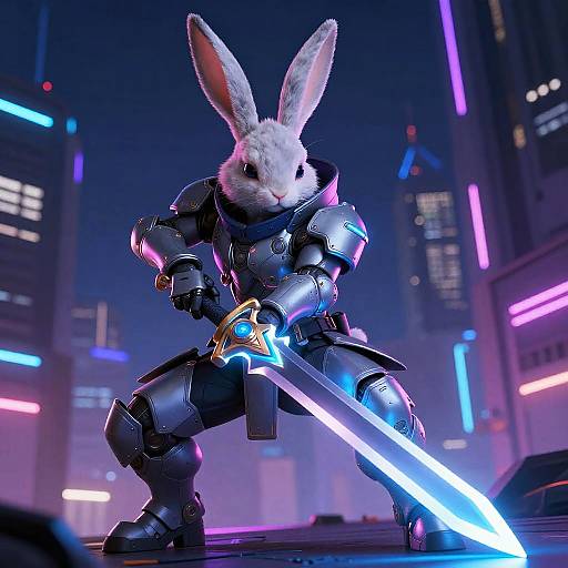 Cyberpunk Bunny Warrior in Neon City