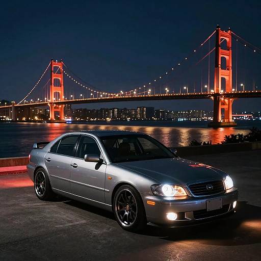 Silver Sedan Car Night with Illuminated Bridge