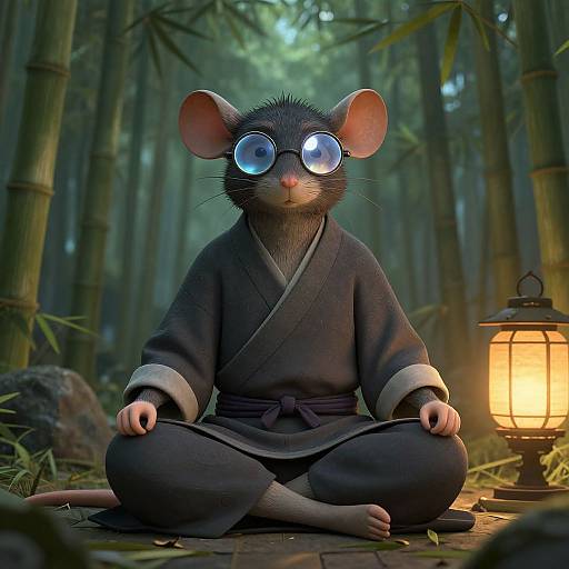 CGI image of a blue-eyed, black-furred mouse in a dark kimono, meditating cross-legged in a bamboo forest, with a glowing