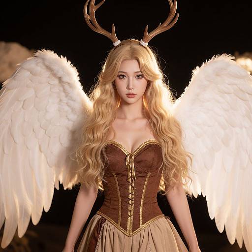 Photograph of a blonde woman with long wavy hair, deer antlers, and white feathered wings, wearing a brown corset and beige skirt