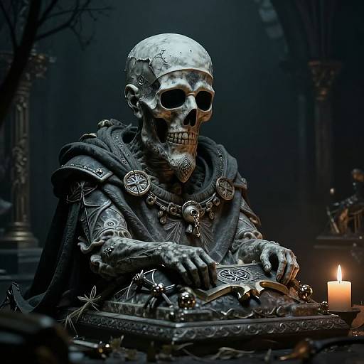 Photorealistic digital art: A skeletal figure with scars, wearing a dark, ornate cloak, writing by candlelight in a dark, gothic