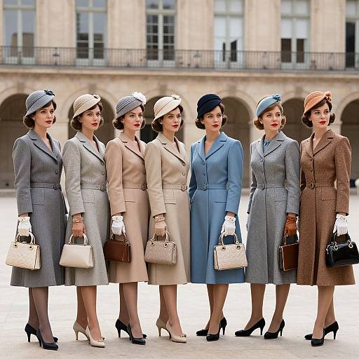 Photograph of six women in 1940s-style outfits, standing in a row, wearing hats, gloves, and holding handbags, in front