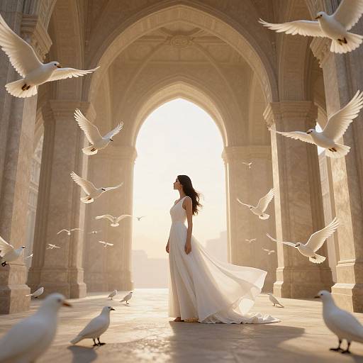Photograph of a silhouetted woman in a flowing white gown, standing in a sunlit, arched stone hallway surrounded by flying white do