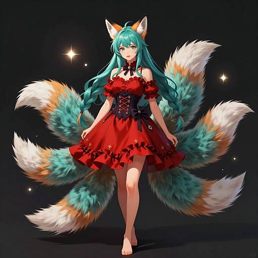 Fantasy Woman with Teal Hair and Fox Tails