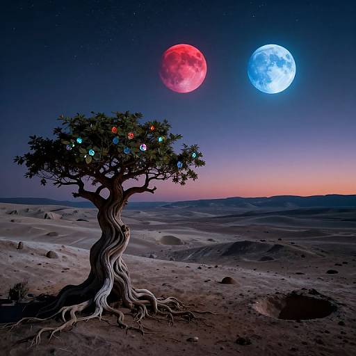 A surreal desert landscape at twilight featuring a twisted tree with colorful glowing orbs, under a starry sky with a red and blue full moon. Digital art