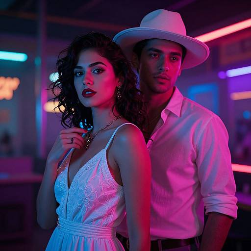 Photograph of a couple in a neon-lit bar; woman in white lace dress, curly hair, red lipstick; man in white shirt, hat