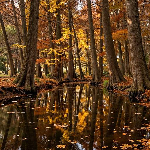 Autumn forest photograph: Tall trees with vibrant orange and yellow leaves reflect in a calm, dark pond, surrounded by fallen leaves on the forest floor.
