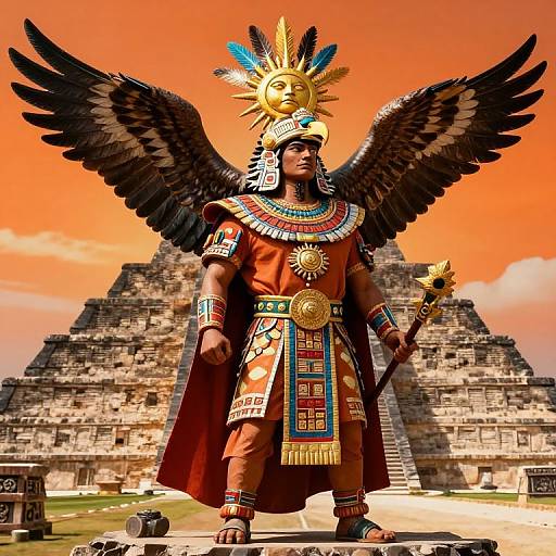 Mythical Aztec Ruler Tenoch with Eagle and Pyramids