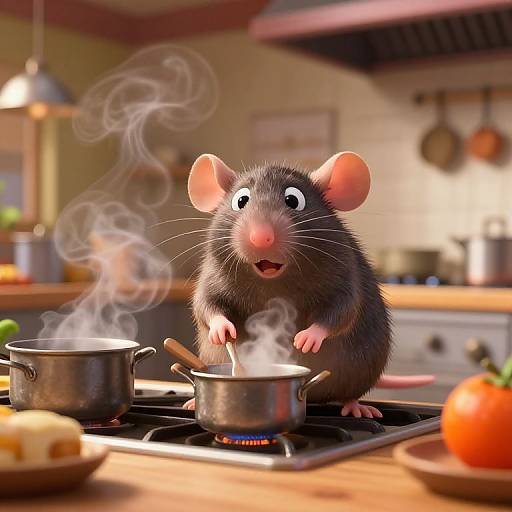 CGI cartoon rat with pink ears and whiskers, cooking in a kitchen, stirring a steaming pot on a stove. Blurred background with kitchen
