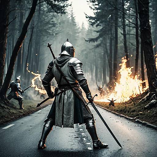 Medieval Knight Facing Goblin Attack in Enchanted Forest