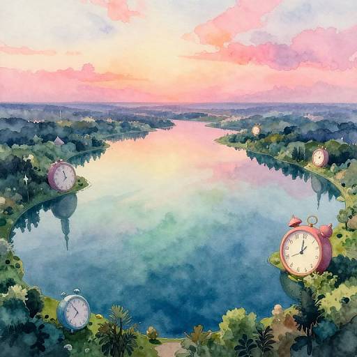 Watercolor painting of a serene river at sunset, flanked by lush greenery and large, floating clocks, reflecting pink and orange sky.