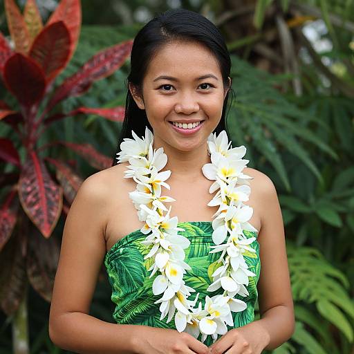 Photograph of a smiling Asian woman with black hair, wearing a green tropical-patterned dress and a white plumeria flower lei, set against a